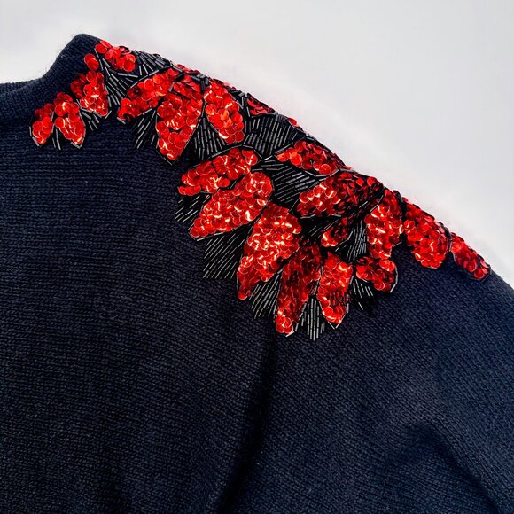 Vintage 80's Sweater Black Red Sequins Floral Dolman - Picture 6 of 7